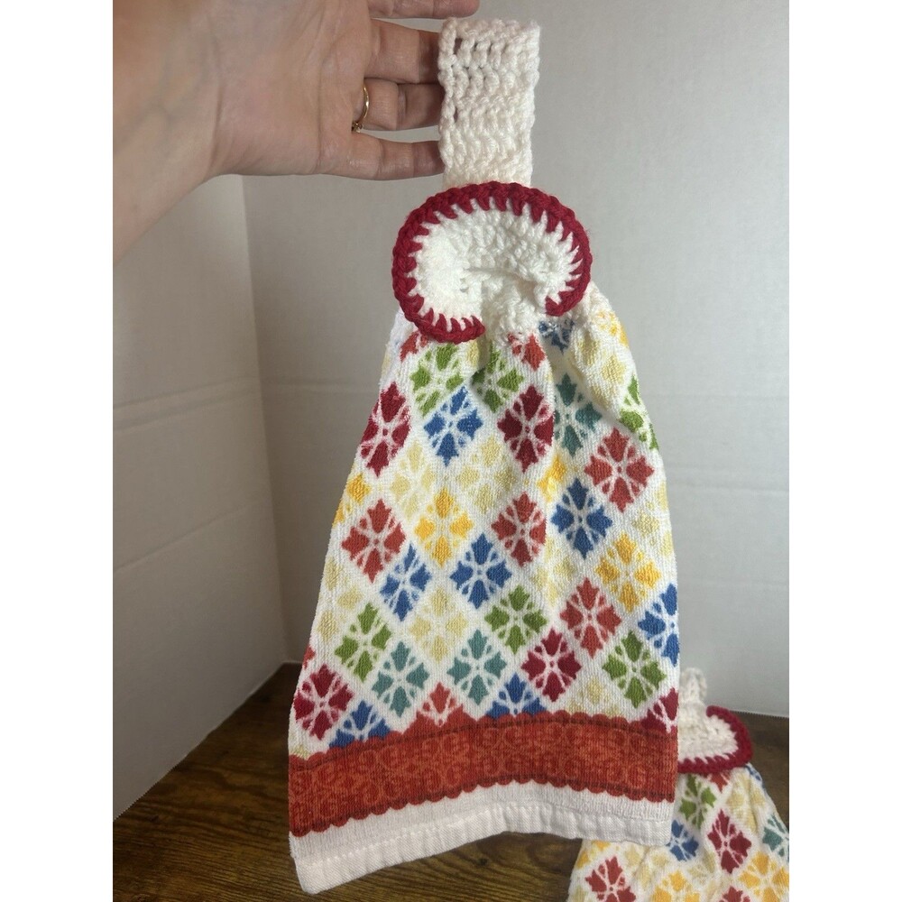 Set 2 Crochet Top Hanging Kitchen Towels Colorful Nordic Farmhouse Decor - Picture 5 of 11
